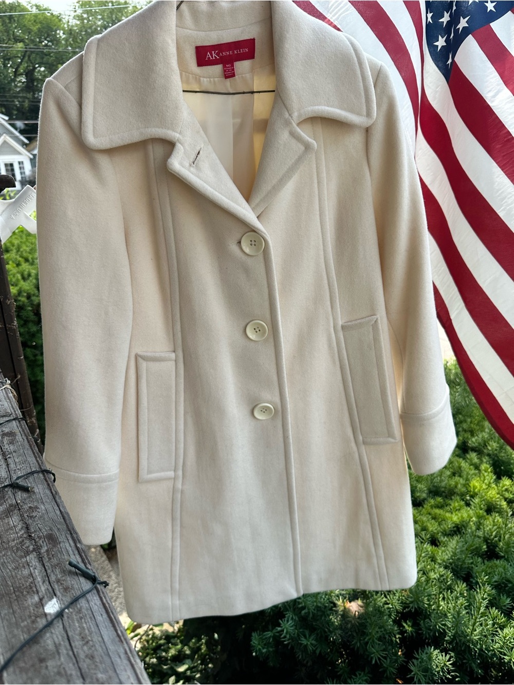 Anne Klein Cream Pea Coat with Notched Collar